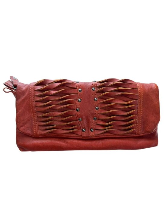 7Chi Handbags - 7Chi Rust Cognac Leather Clutch Braided Detailing Stud Accents Zipper